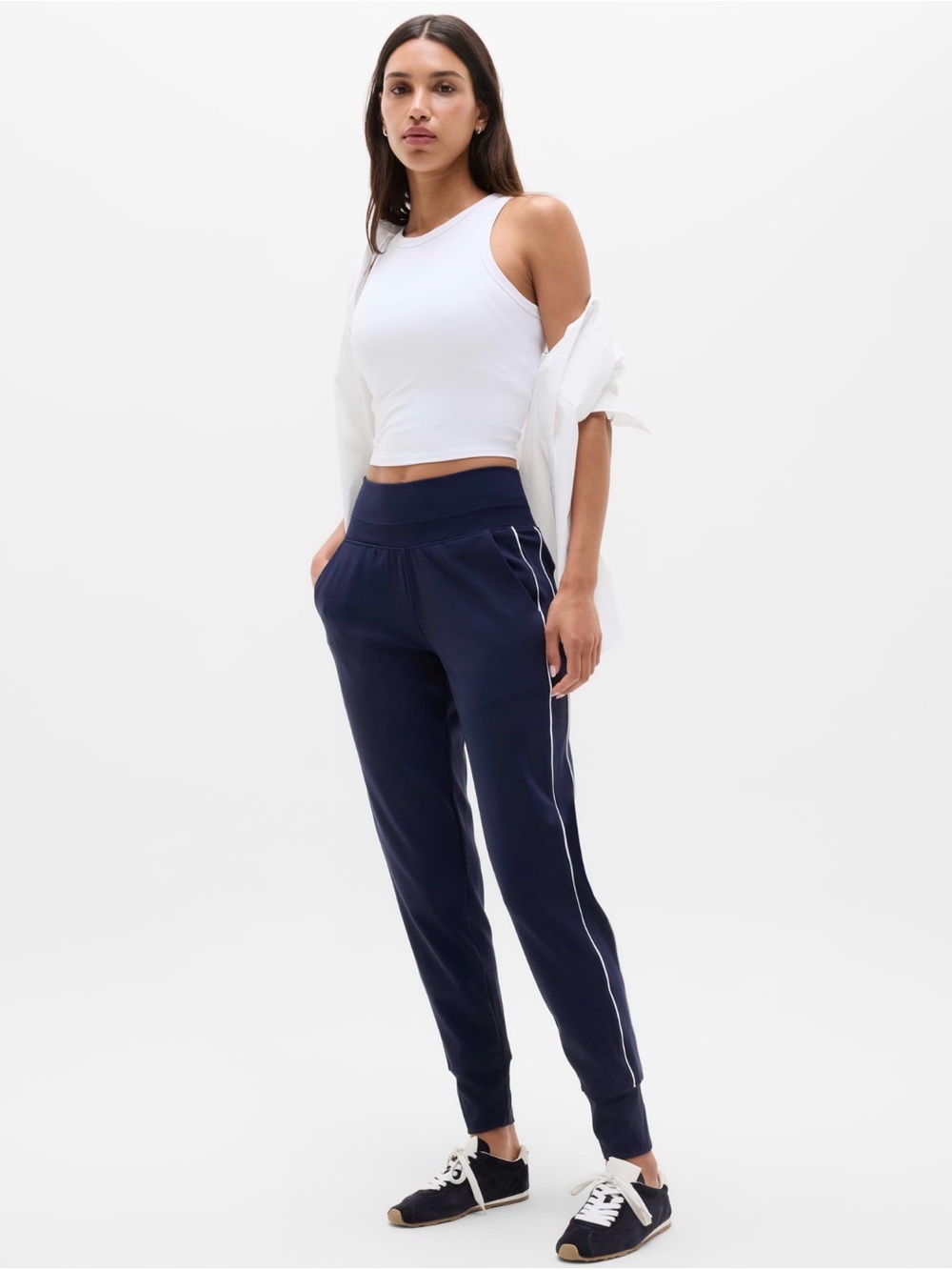 Athleta Venice Navy Track Joggers with White Side Piping